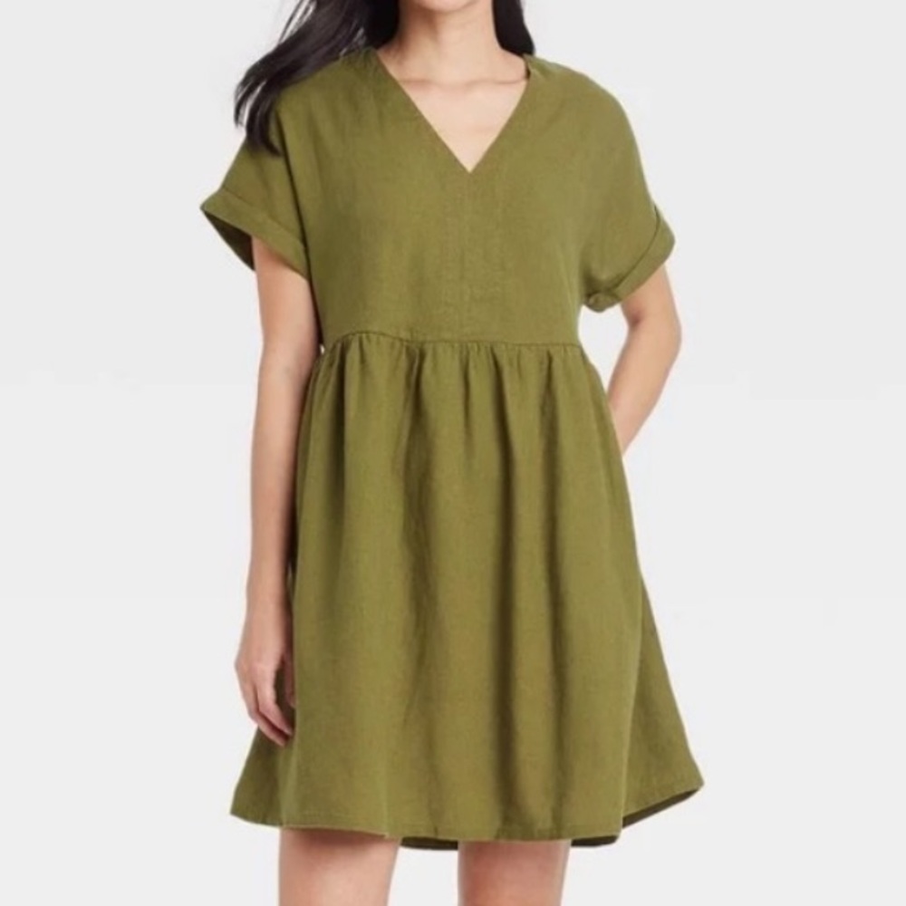 Universal Threads Olive Green Linen Blend Babydoll Dress L Lagenlook Grunge Boho